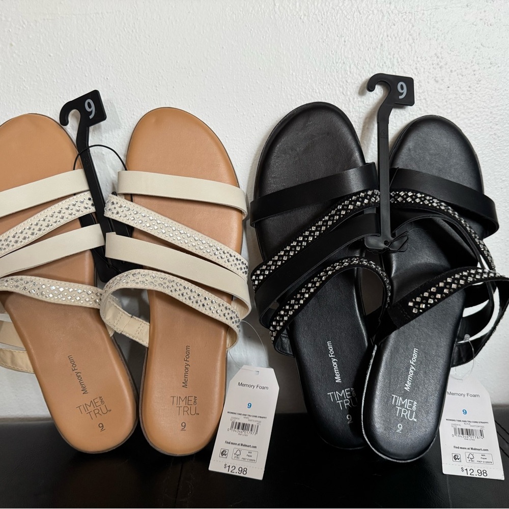 Time and Tru Black Sandals with Multiple Straps and Flat Sole